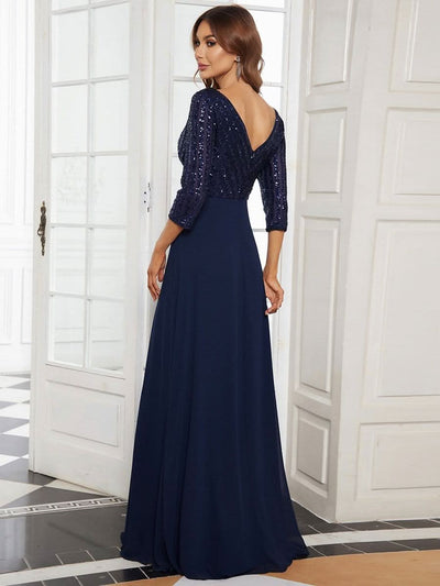 Color=Navy Blau | Sexy V-Ausschnitt A-Linie Pailletten Abendkleid-Navy Blau 2