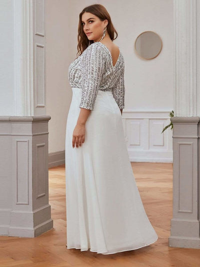 Color=Weiss | Plus Size Sexy V-Ausschnitt A-Linie Pailletten Abendkleid-Weiss 2