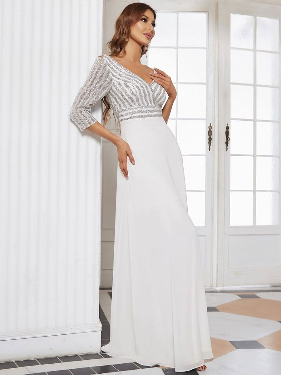Color=Weiss | Sexy V-Ausschnitt A-Linie Pailletten Abendkleid-Weiss 3