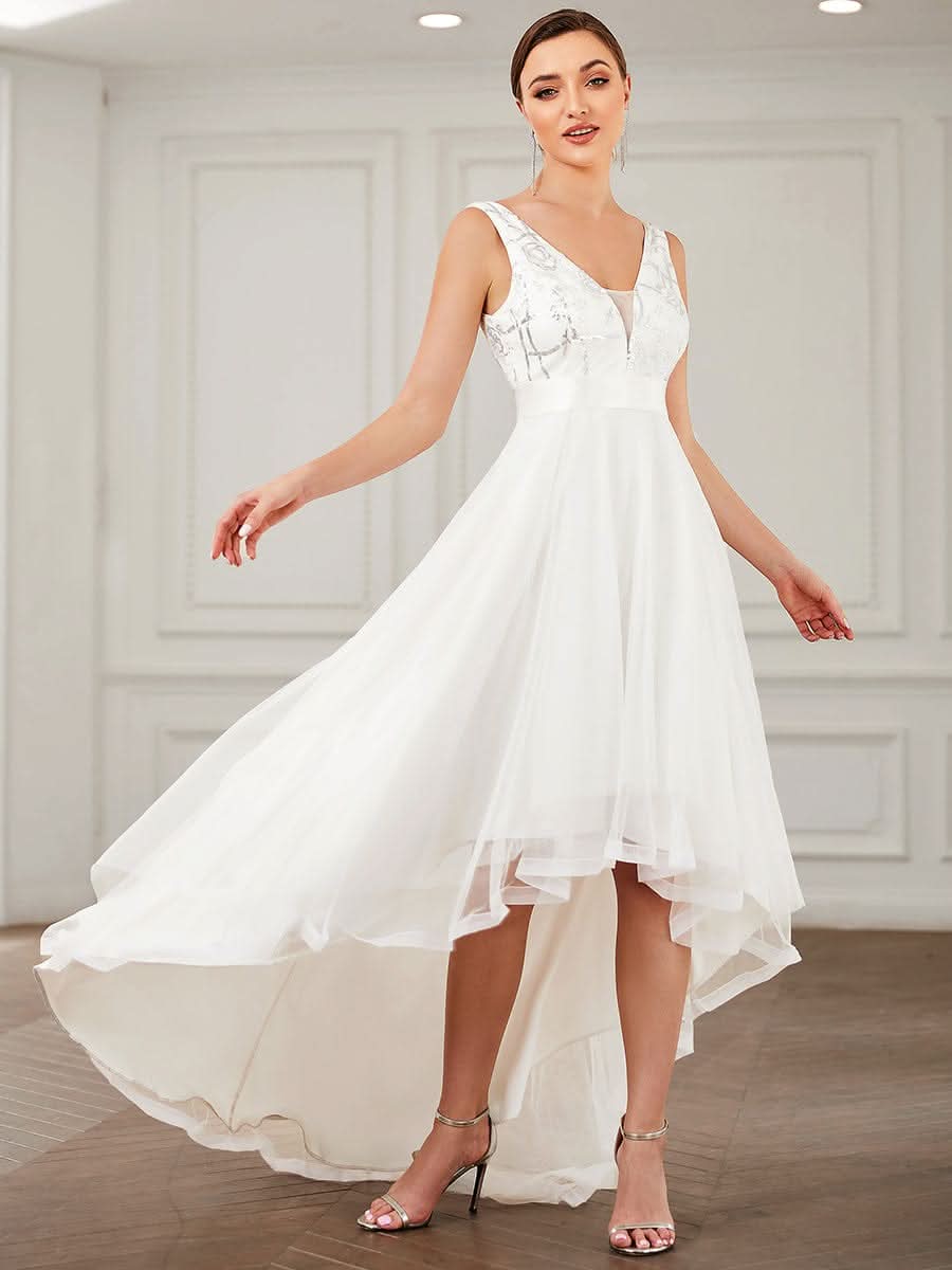 High-Low tiefes V-Ausschnitt Tüll Abendkleider mit Pailletten #Farbe_Cream