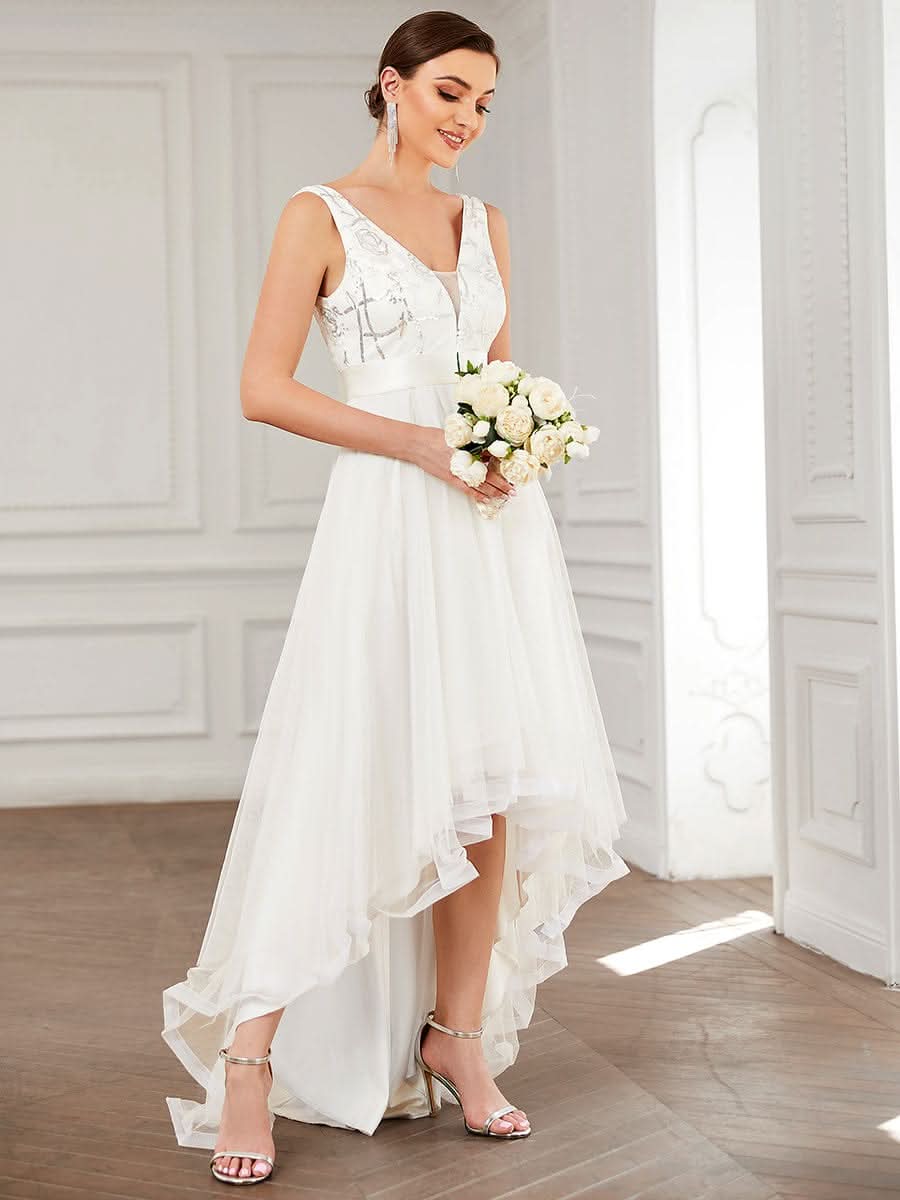 High-Low tiefes V-Ausschnitt Tüll Abendkleider mit Pailletten #Farbe_Cream