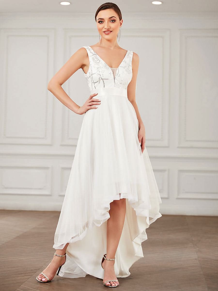 High-Low tiefes V-Ausschnitt Tüll Abendkleider mit Pailletten #Farbe_Cream