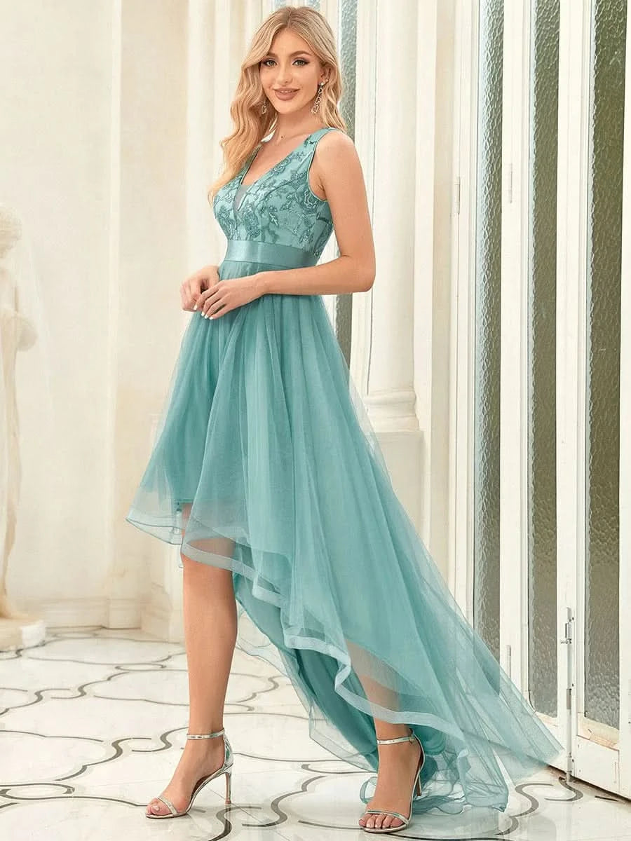 Größe Nach Maß High-Low tiefes V-Ausschnitt Tüll Abendkleider mit Pailletten #Farbe_Dusty Blau