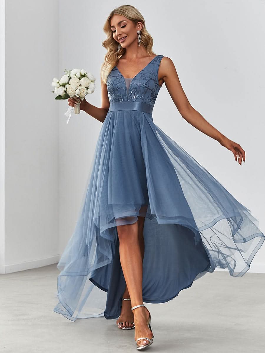 High-Low tiefes V-Ausschnitt Tüll Abendkleider mit Pailletten #Farbe_Dusty Navy