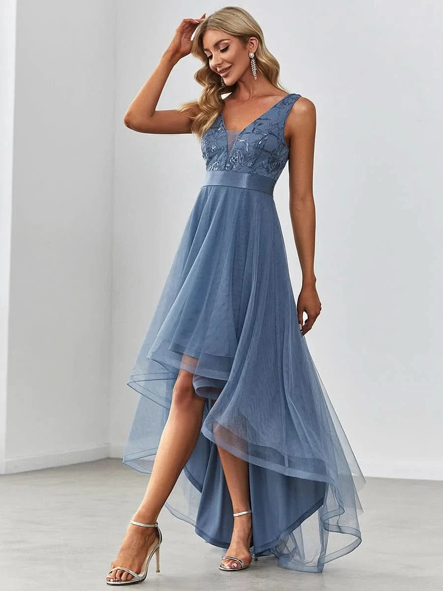 Größe Nach Maß High-Low tiefes V-Ausschnitt Tüll Abendkleider mit Pailletten #Farbe_Dusty Navy