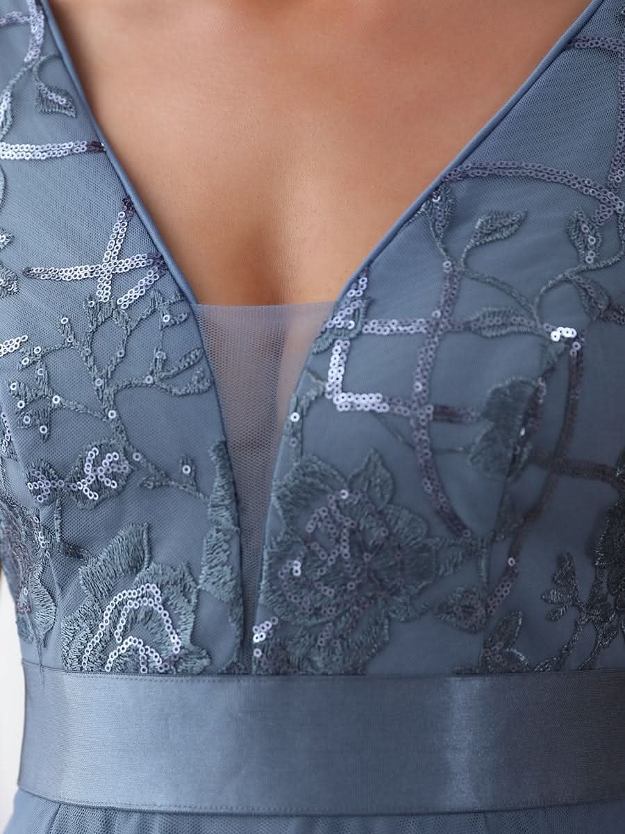 Größe Nach Maß High-Low tiefes V-Ausschnitt Tüll Abendkleider mit Pailletten #Farbe_Dusty Navy