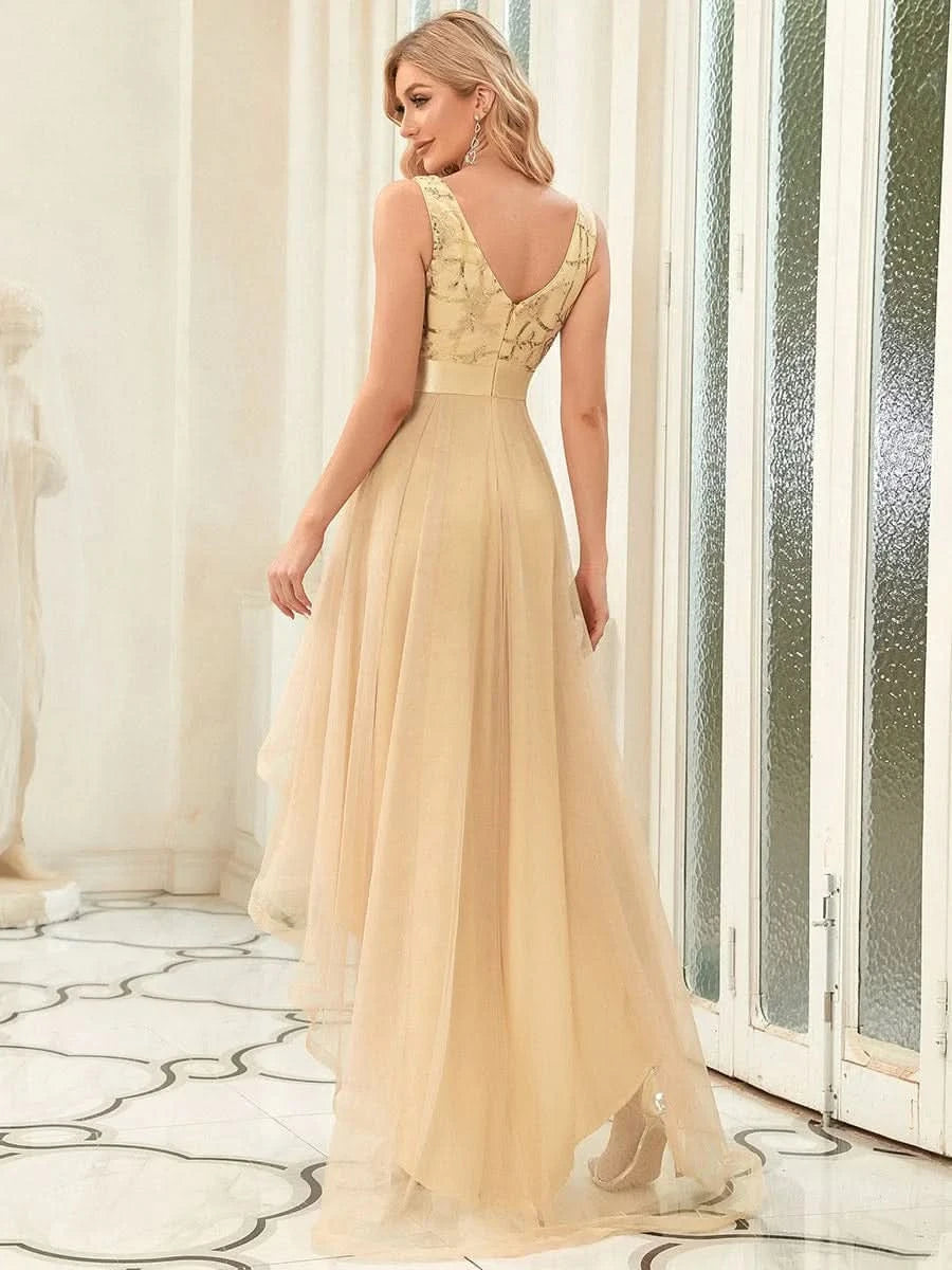 Größe Nach Maß High-Low tiefes V-Ausschnitt Tüll Abendkleider mit Pailletten #Farbe_Gold