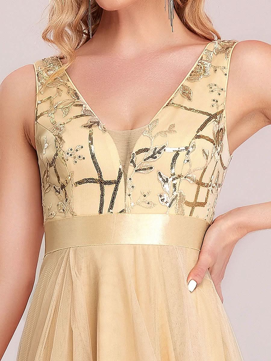 Größe Nach Maß High-Low tiefes V-Ausschnitt Tüll Abendkleider mit Pailletten #Farbe_Gold