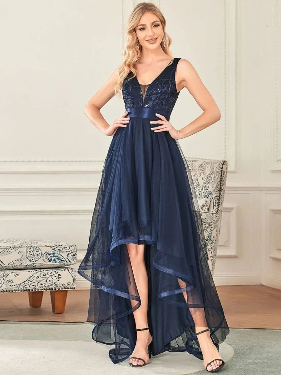 Größe Nach Maß High-Low tiefes V-Ausschnitt Tüll Abendkleider mit Pailletten #Farbe_Navy Blau