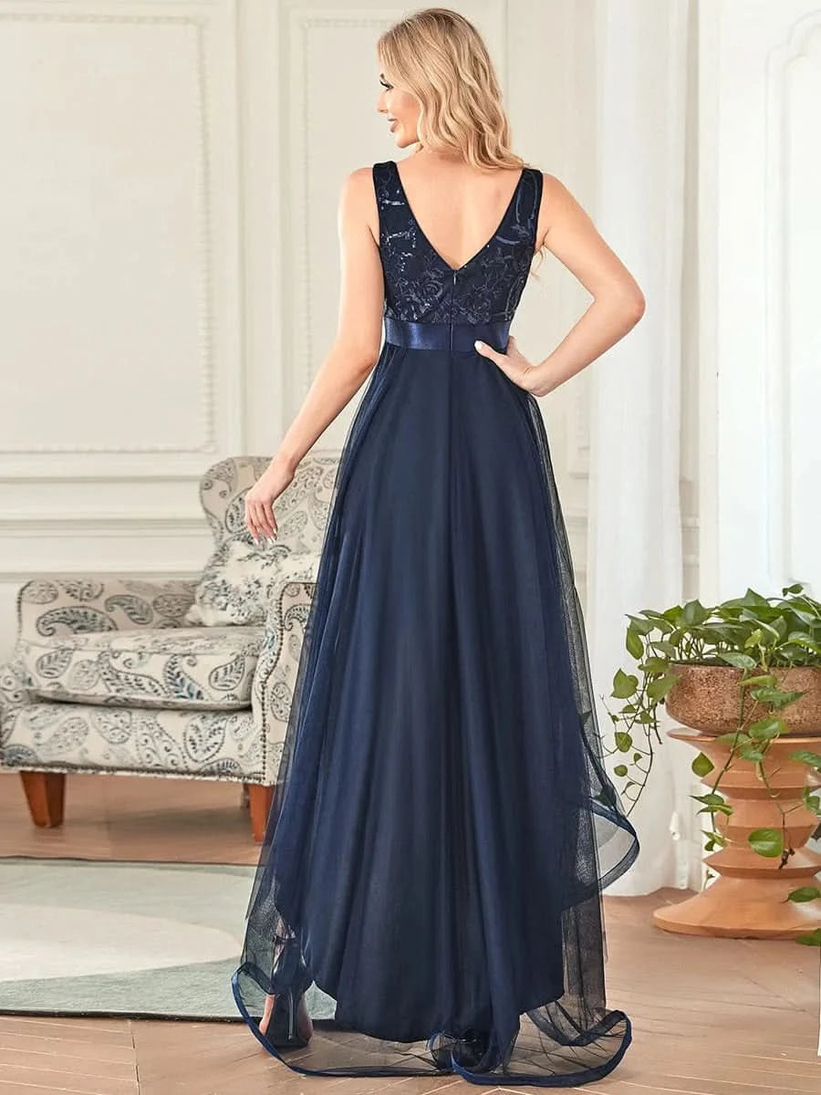 Größe Nach Maß High-Low tiefes V-Ausschnitt Tüll Abendkleider mit Pailletten #Farbe_Navy Blau