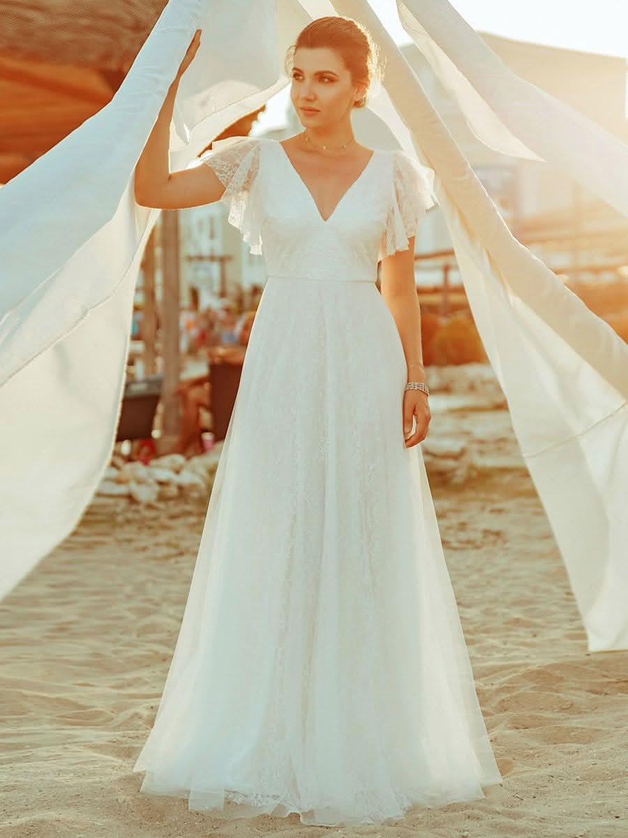 V-Ausschnitt Empire-Taille Blumenspitze Hochzeit Brautjungfernkleid#Farbe_Weiß