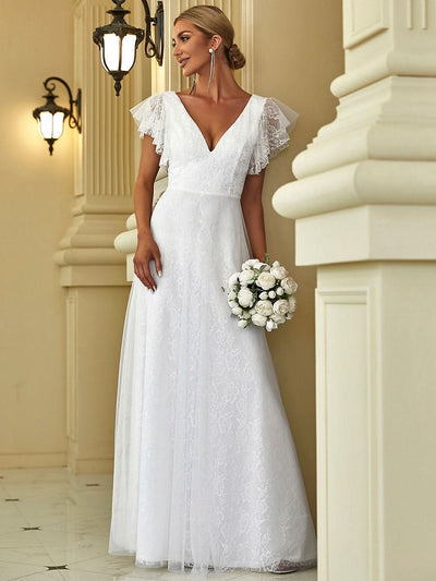 V-Ausschnitt Empire-Taille Blumenspitze Hochzeit Brautjungfernkleid#Farbe_Weiß