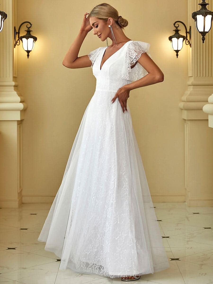 V-Ausschnitt Empire-Taille Blumenspitze Hochzeit Brautjungfernkleid#Farbe_Weiß