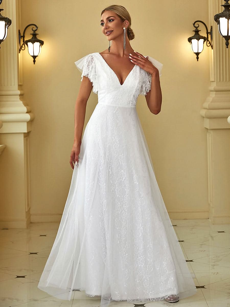 V-Ausschnitt Empire-Taille Blumenspitze Hochzeit Brautjungfernkleid#Farbe_Weiß