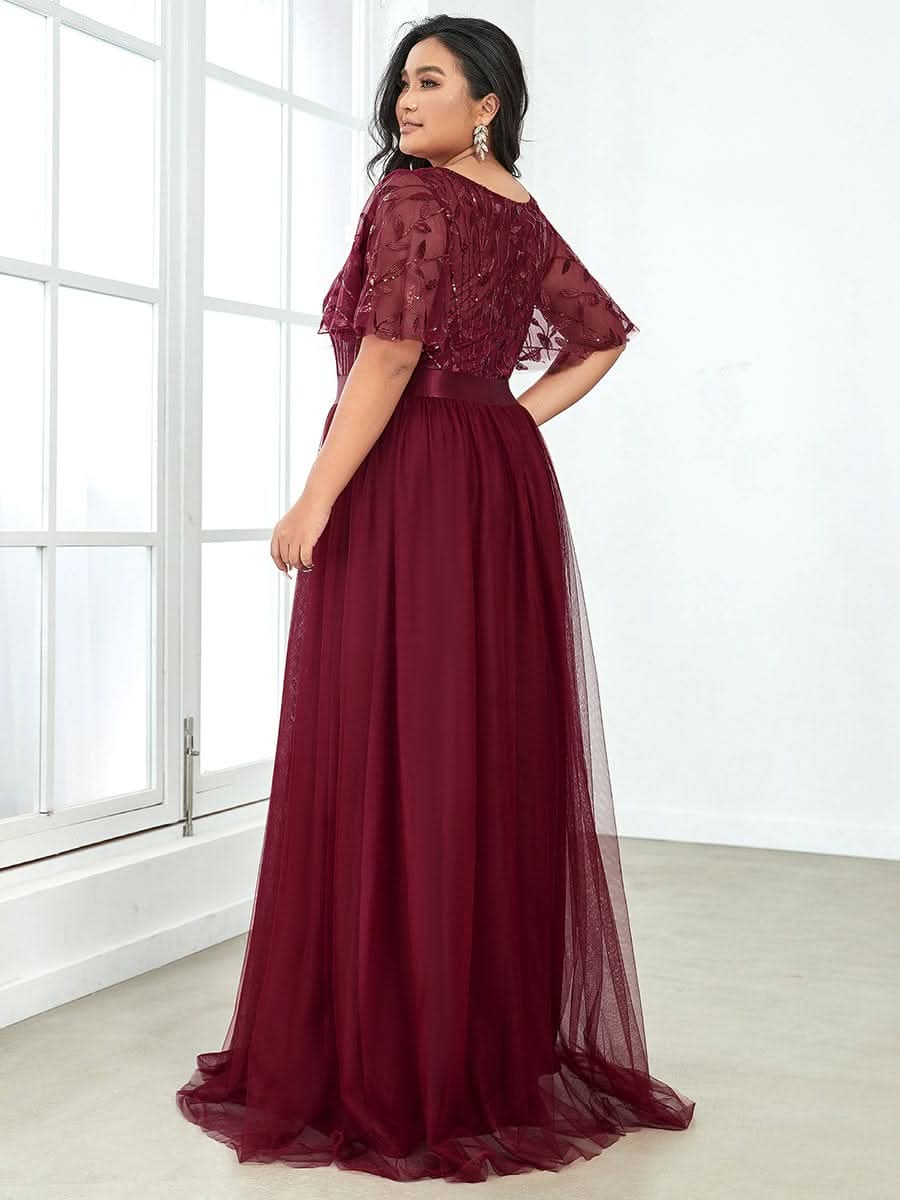 Plus Size Damen A-Line Stickerei Kurzarm Bodenlanges Brautjungfernkleid #Farbe_Burgundy