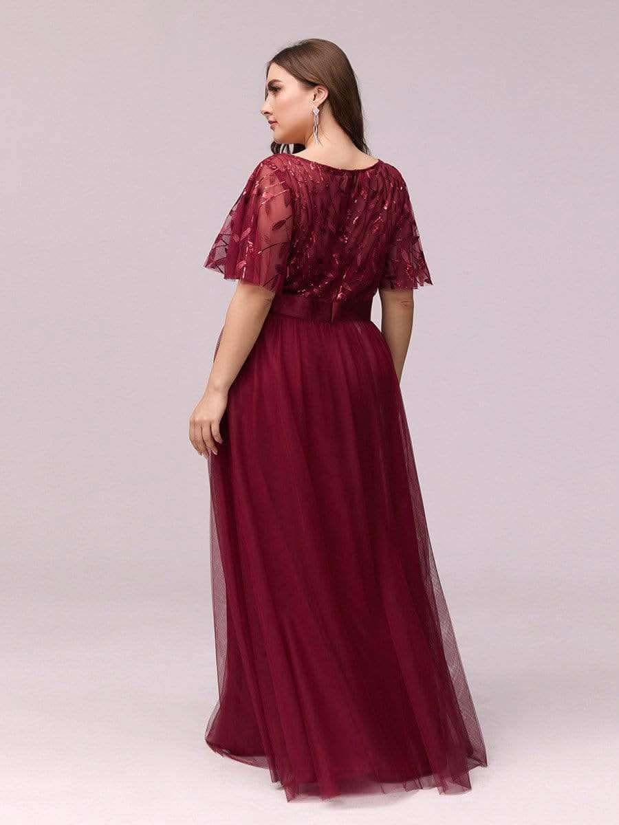 Plus Size Damen A-Line Stickerei Kurzarm Bodenlanges Brautjungfernkleid #Farbe_Burgundy
