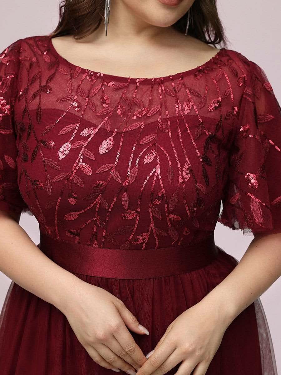Größe Nach Maß Damen A-Line Kurzarm Stickerei Bodenlanges Abendkleid #Farbe_Burgundy