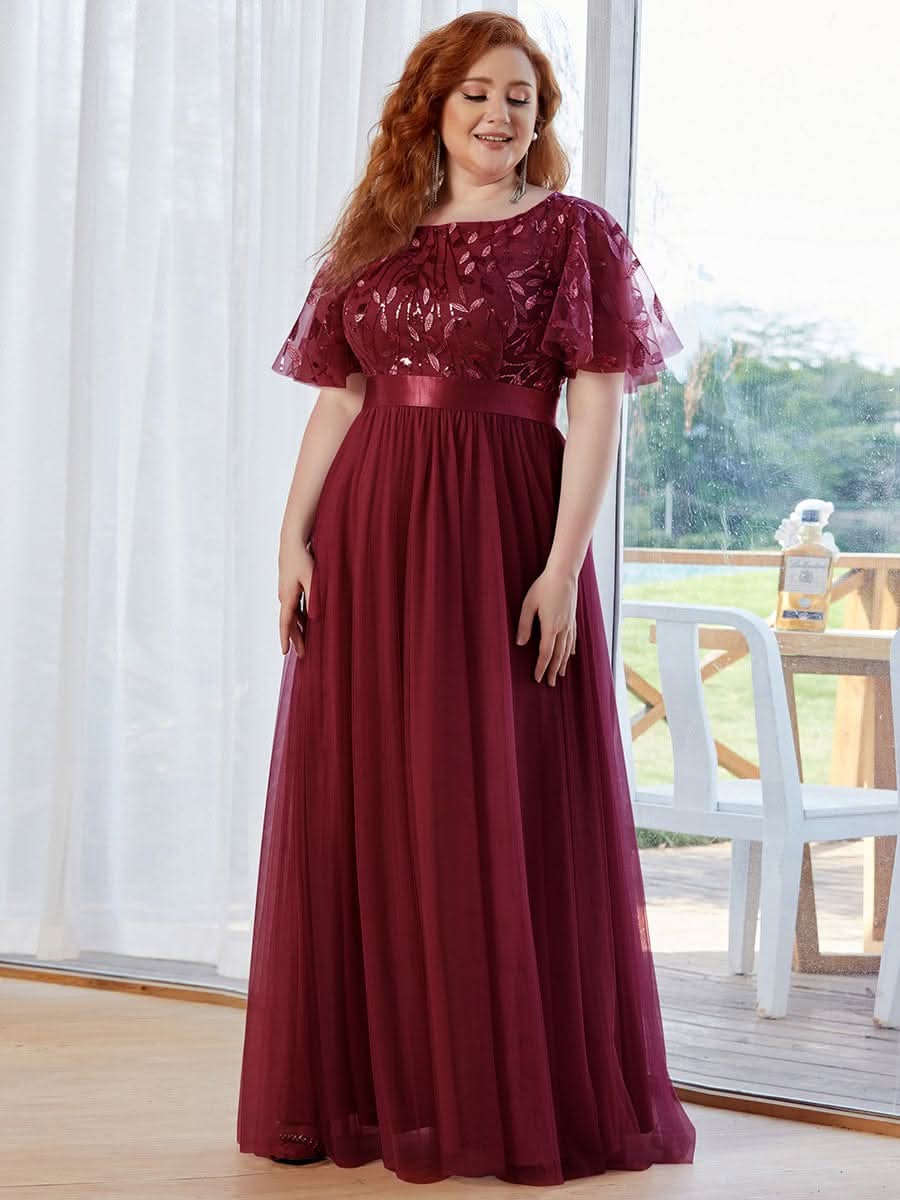 Größe Nach Maß Damen A-Line Kurzarm Stickerei Bodenlanges Abendkleid #Farbe_Burgundy