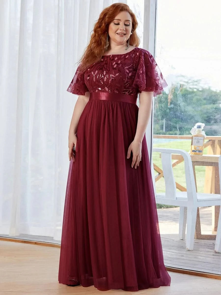 Größe Nach Maß Damen A-Line Kurzarm Stickerei Bodenlanges Abendkleid 00904
