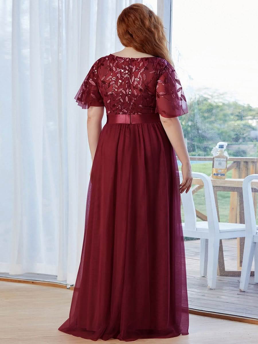 Damen A-Line Kurzarm Stickerei Bodenlanges Abendkleid #Farbe_Burgundy