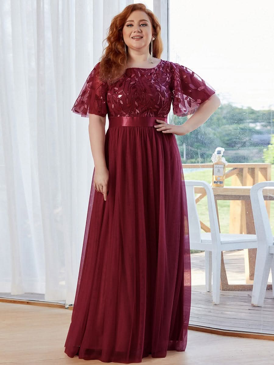 Größe Nach Maß Damen A-Line Kurzarm Stickerei Bodenlanges Abendkleid #Farbe_Burgundy