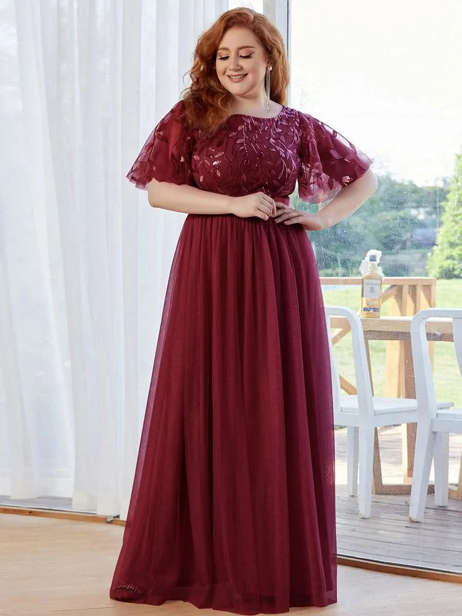 Größe Nach Maß Damen A-Line Kurzarm Stickerei Bodenlanges Abendkleid 00904