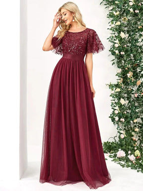 Größe Nach Maß Damen A-Line Kurzarm Stickerei Bodenlanges Abendkleid 00904