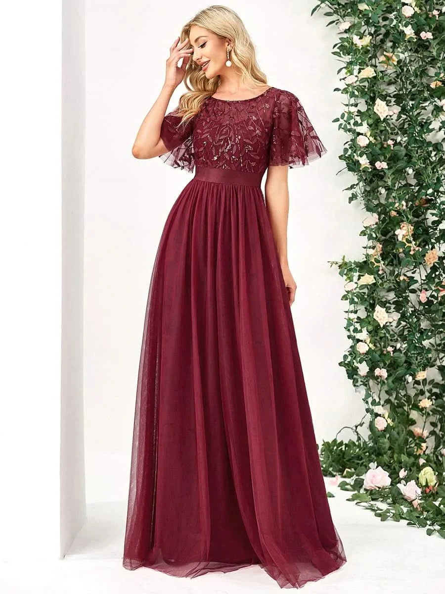 Größe Nach Maß Damen A-Line Kurzarm Stickerei Bodenlanges Abendkleid 00904