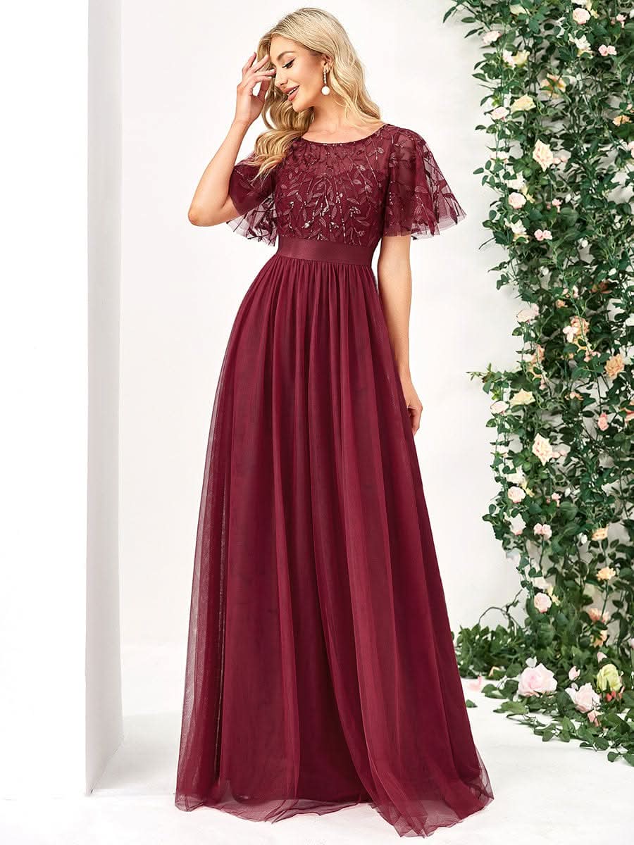 Größe Nach Maß Damen A-Line Kurzarm Stickerei Bodenlanges Abendkleid #Farbe_Burgundy