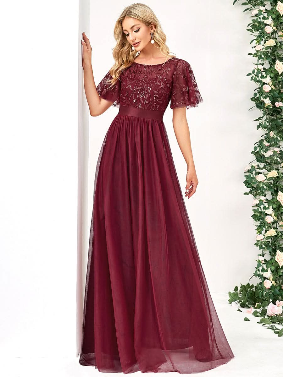 Größe Nach Maß Damen A-Line Kurzarm Stickerei Bodenlanges Abendkleid #Farbe_Burgundy