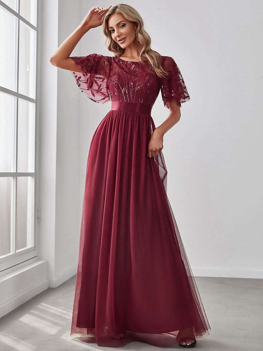 Damen A-Line Kurzarm Stickerei Bodenlanges Abendkleid #Farbe_Burgundy