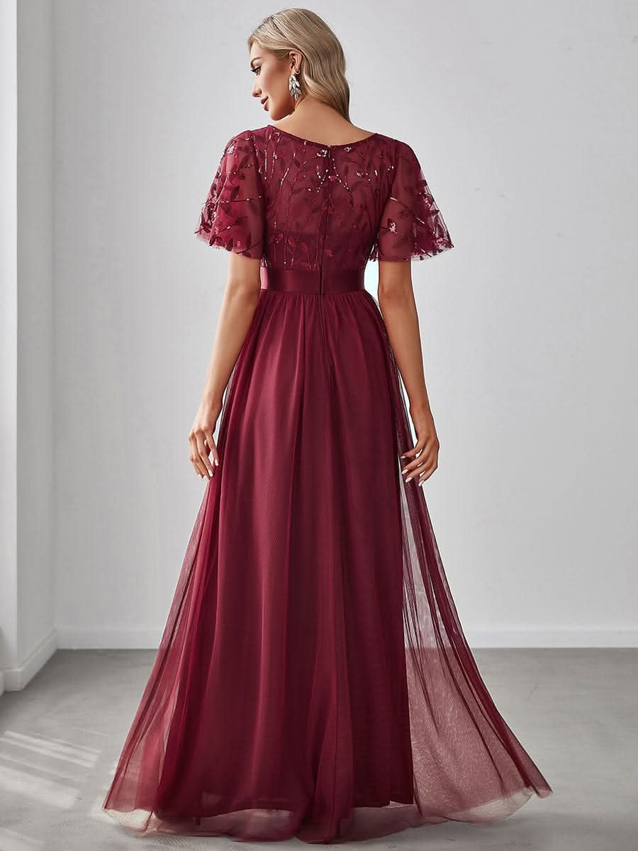 Damen A-Line Kurzarm Stickerei Bodenlanges Abendkleid #Farbe_Burgundy