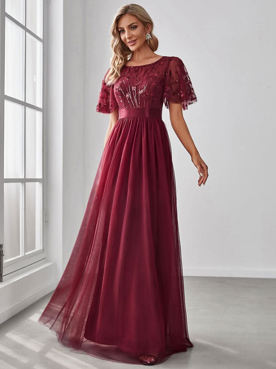 Damen A-Line Kurzarm Stickerei Bodenlanges Abendkleid #Farbe_Burgundy