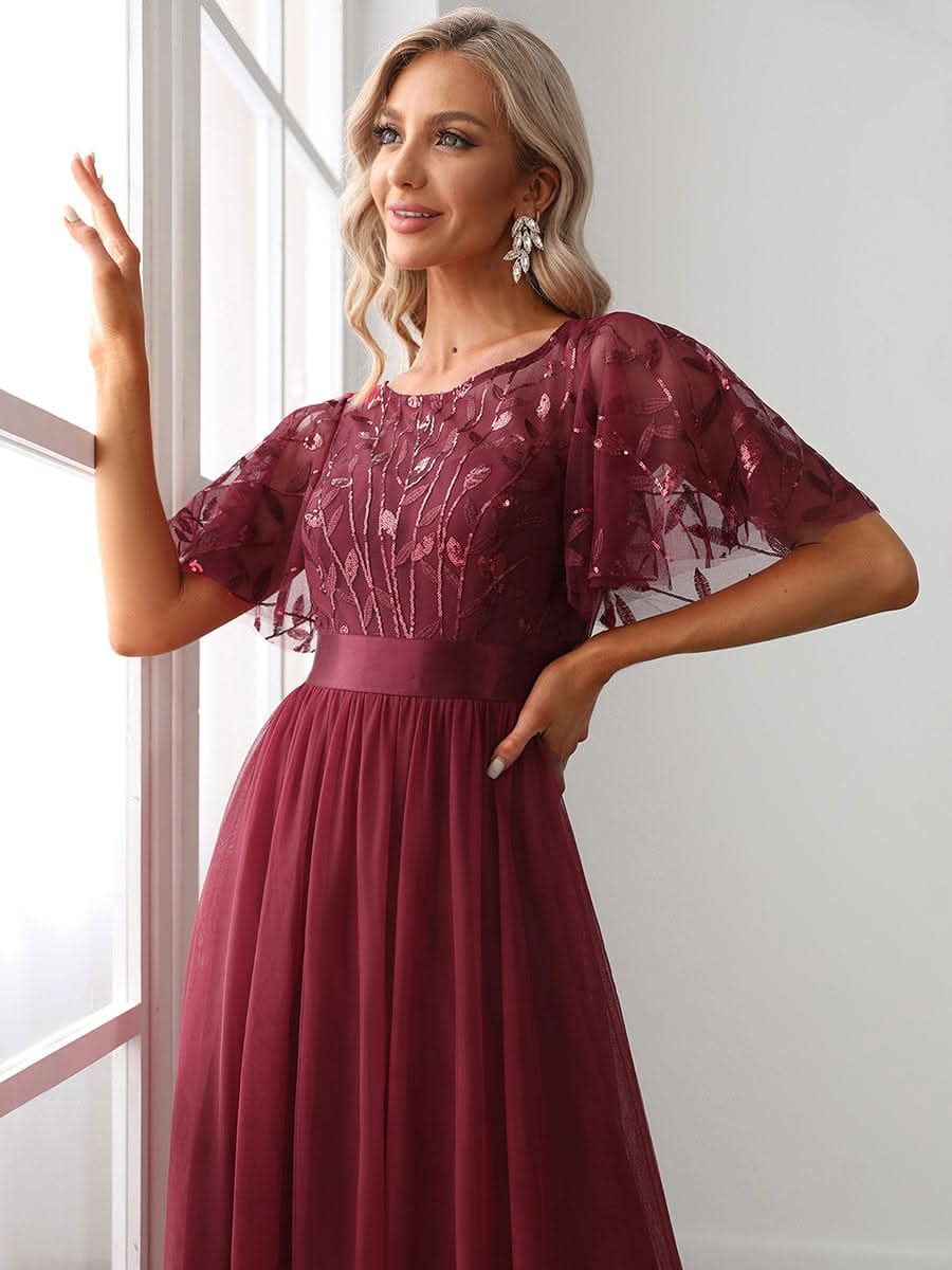 Damen A-Line Kurzarm Stickerei Bodenlanges Abendkleid #Farbe_Burgundy