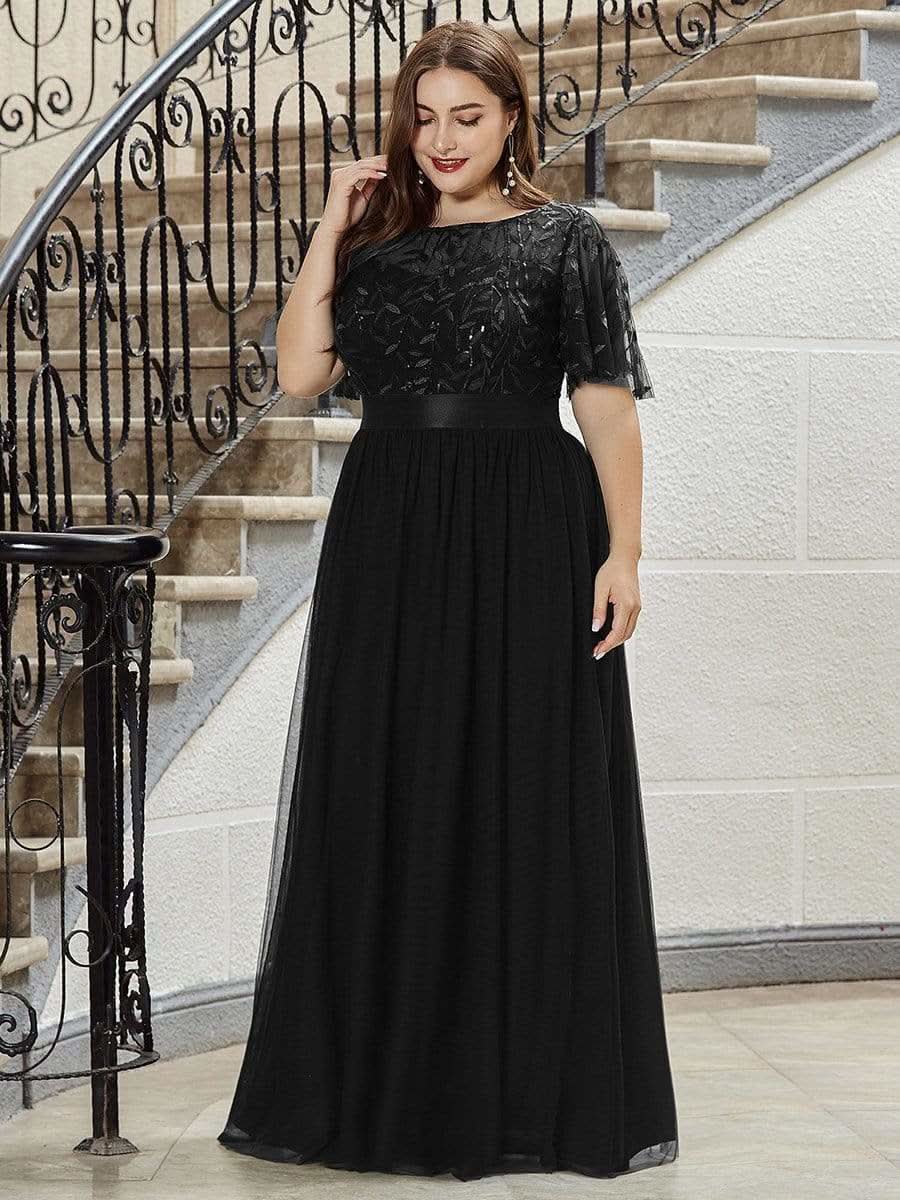 Größe Nach Maß Damen A-Line Kurzarm Stickerei Bodenlanges Abendkleid 00904