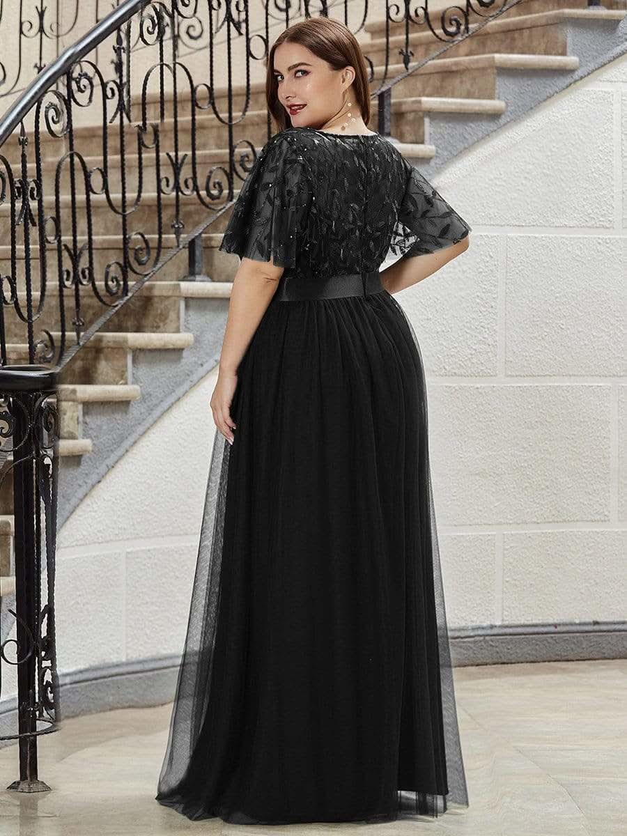 Plus Size Damen A-Line Stickerei Kurzarm Bodenlanges Brautjungfernkleid #Farbe_Schwarz