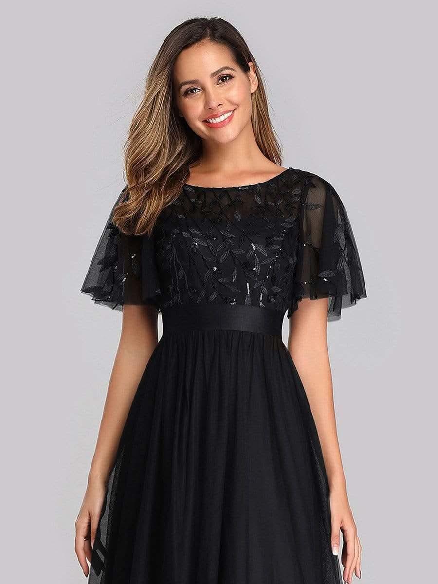Größe Nach Maß Damen A-Line Kurzarm Stickerei Bodenlanges Abendkleid #Farbe_Schwarz