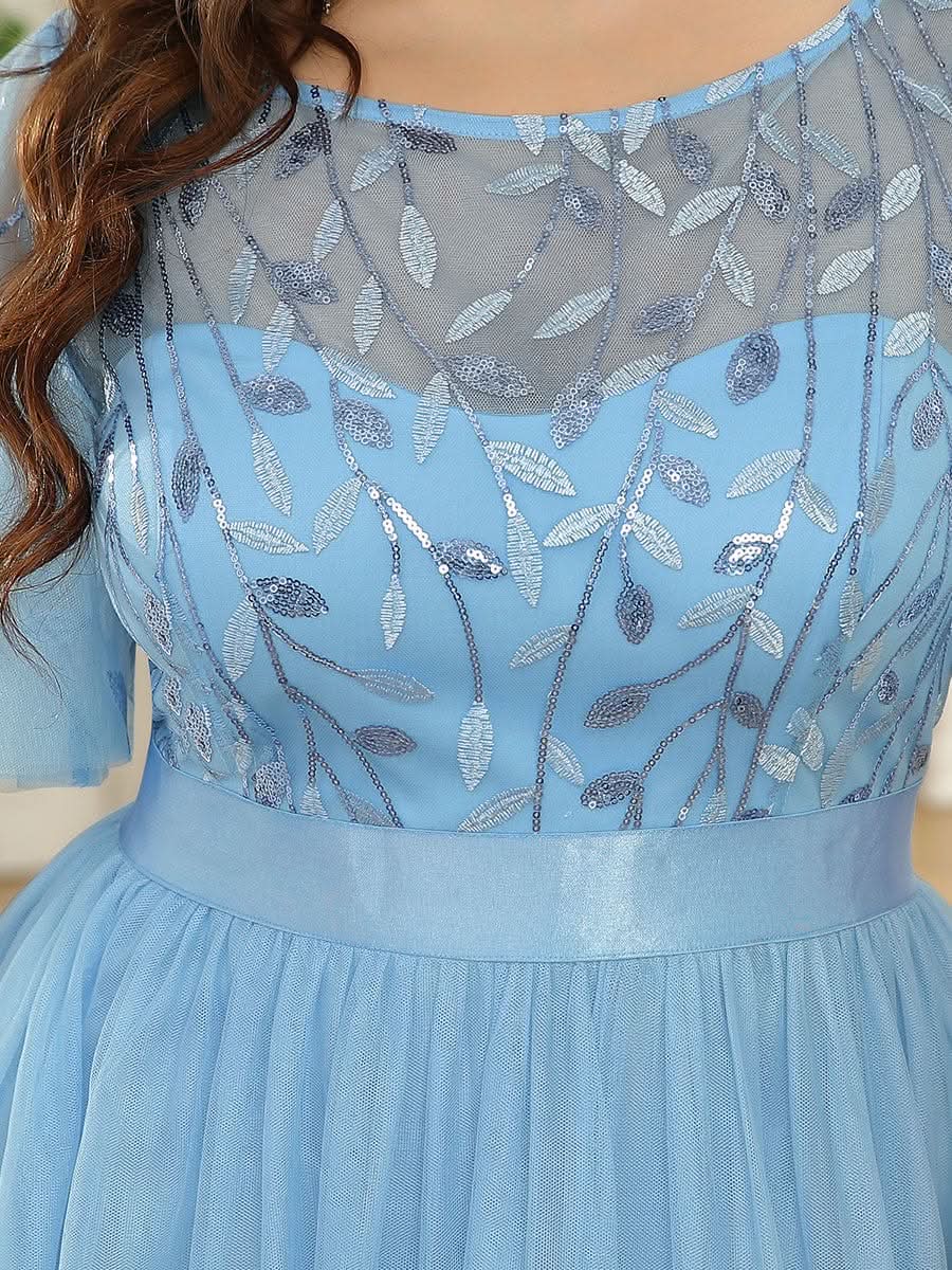 Größe Nach Maß Damen A-Line Kurzarm Stickerei Bodenlanges Abendkleid #Farbe_Blau