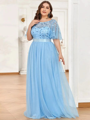 Größe Nach Maß Damen A-Line Kurzarm Stickerei Bodenlanges Abendkleid 00904