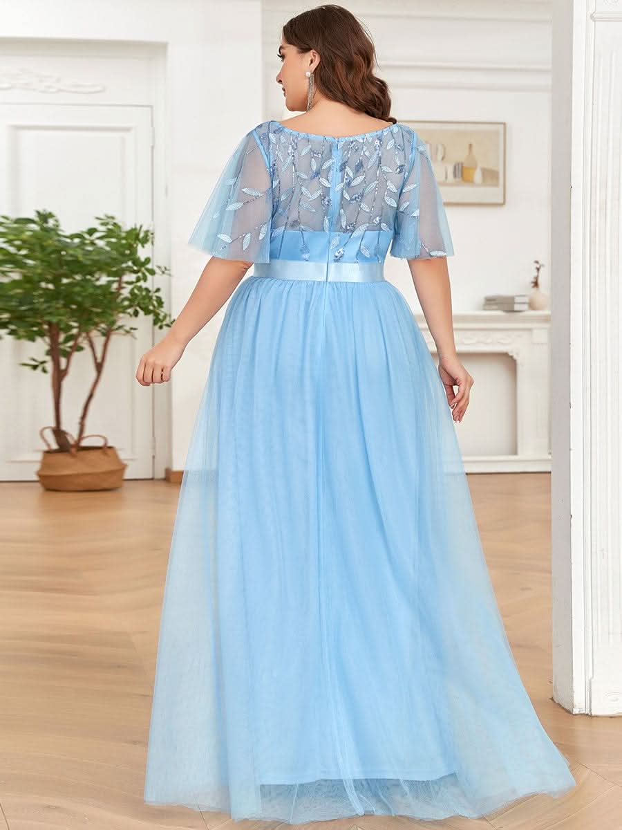 Damen A-Line Kurzarm Stickerei Bodenlanges Abendkleid #Farbe_Blau