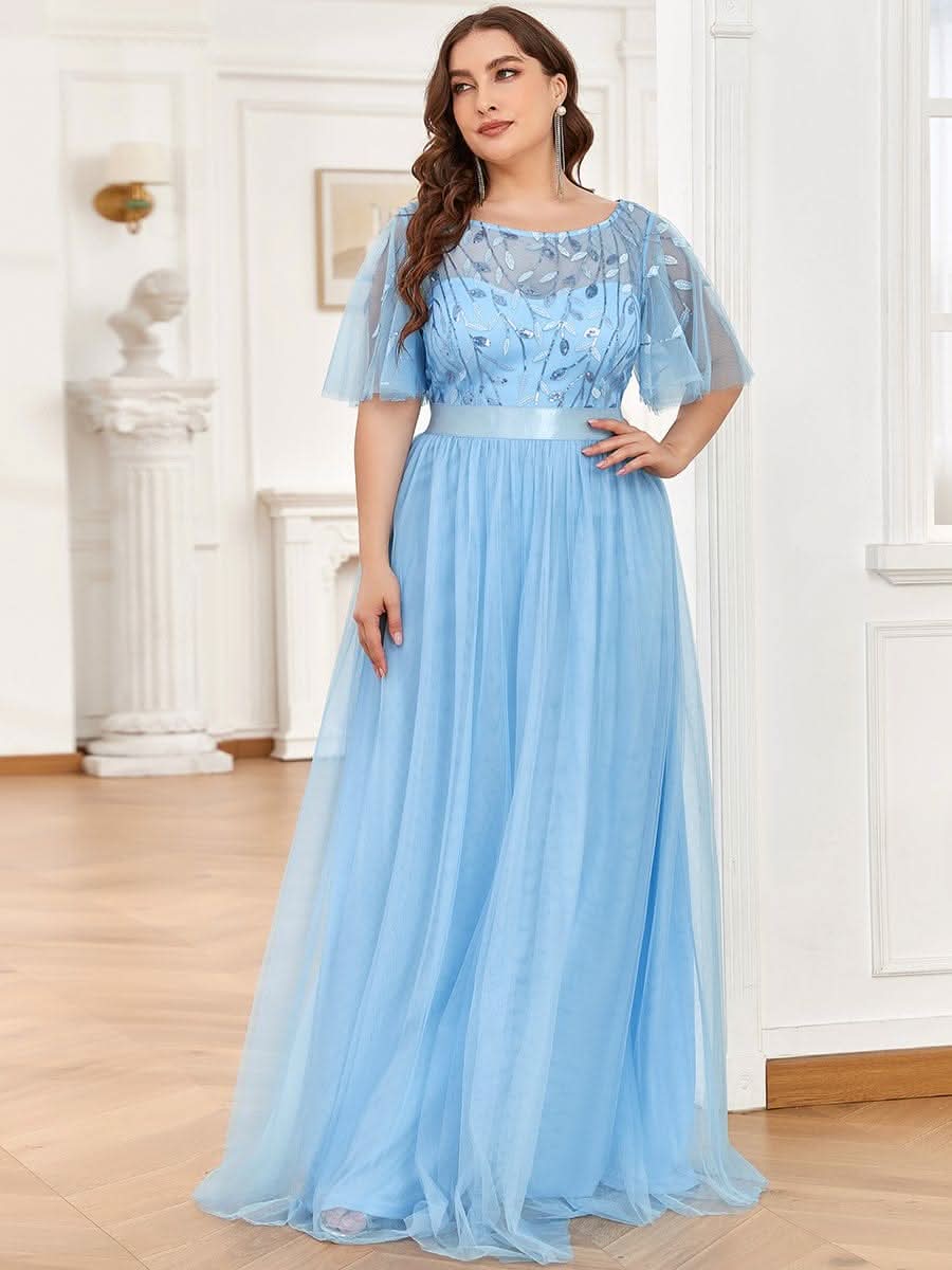 Plus Size Damen A-Line Stickerei Kurzarm Bodenlanges Brautjungfernkleid #Farbe_Blau