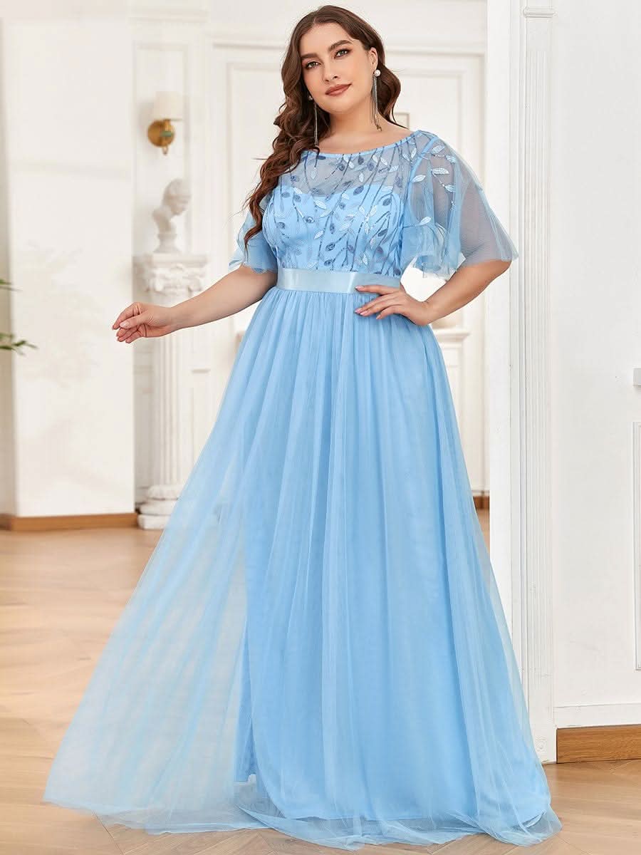 Plus Size Damen A-Line Stickerei Kurzarm Bodenlanges Brautjungfernkleid #Farbe_Blau