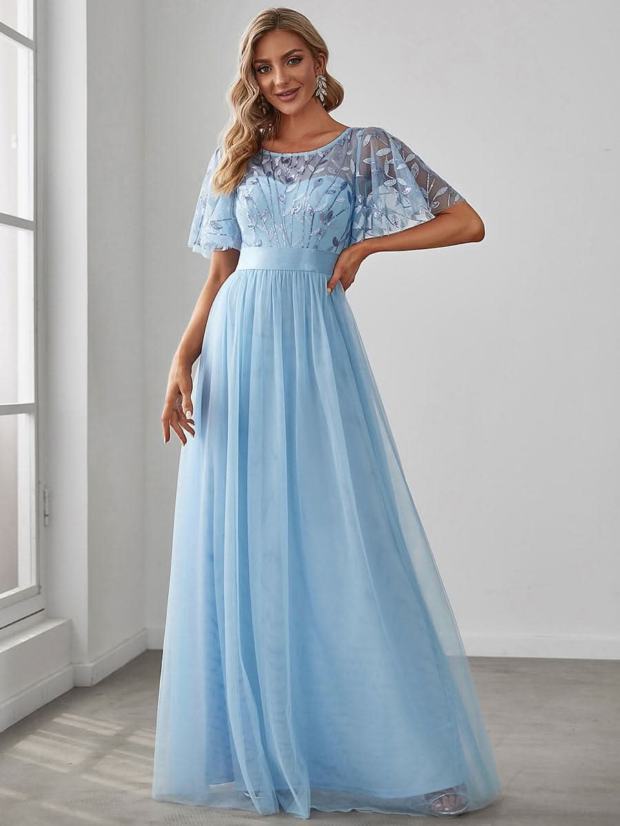 Damen A-Line Kurzarm Stickerei Bodenlanges Abendkleid #Farbe_Blau