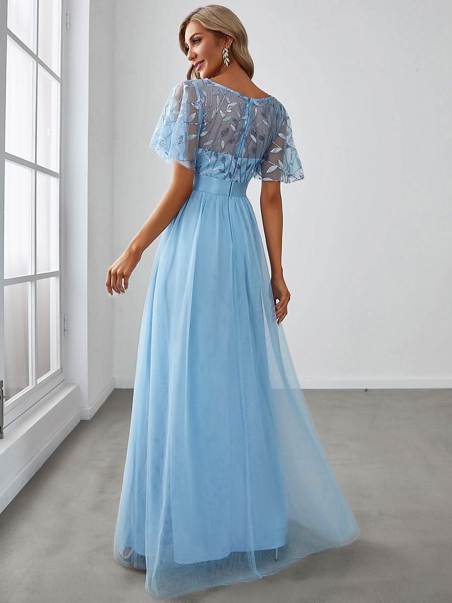 Damen A-Line Kurzarm Stickerei Bodenlanges Abendkleid #Farbe_Blau