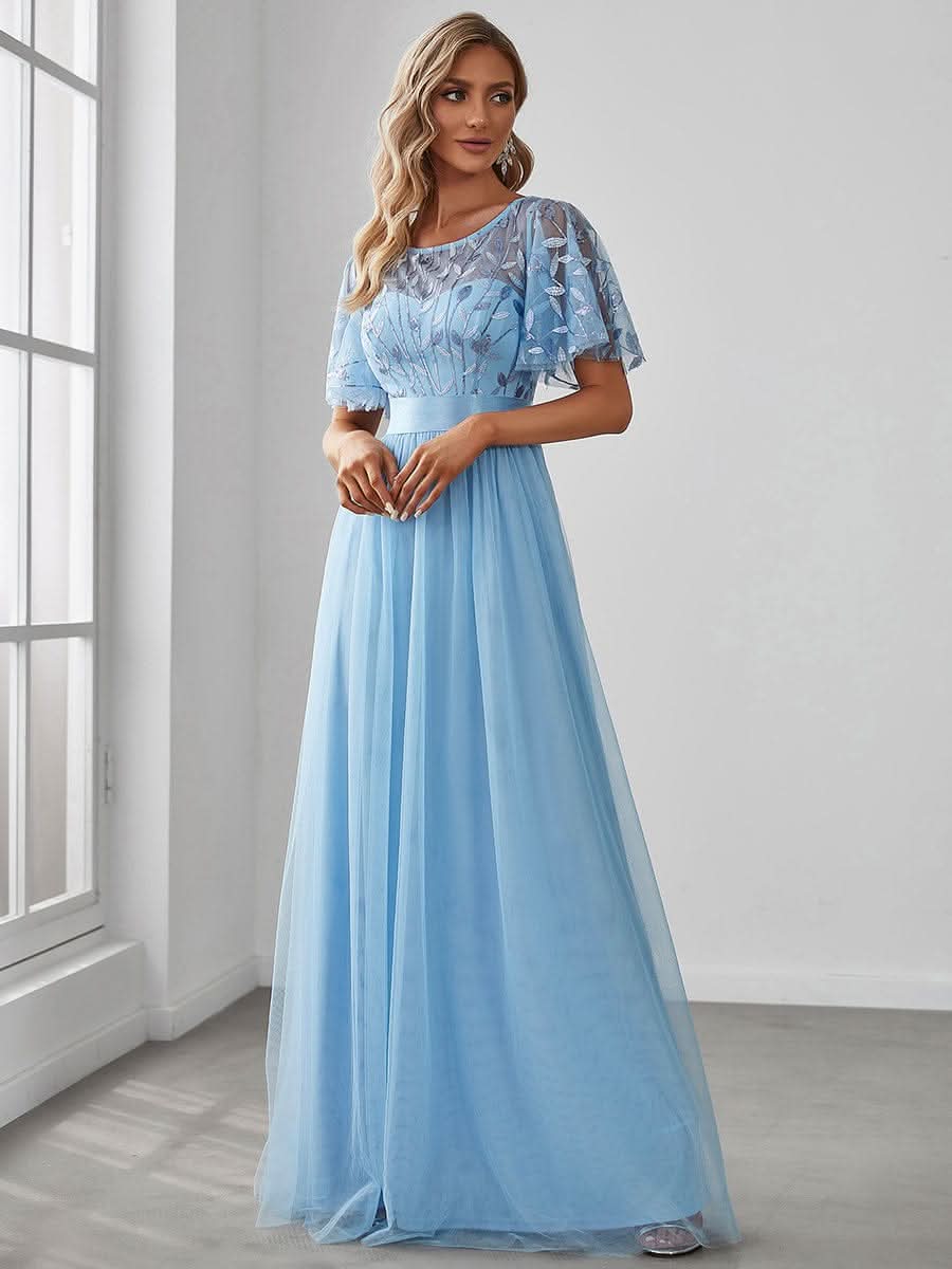 Damen A-Line Kurzarm Stickerei Bodenlanges Abendkleid #Farbe_Blau