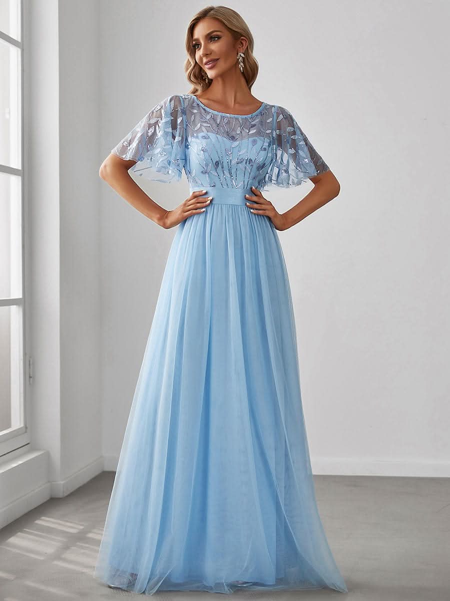 Damen A-Line Kurzarm Stickerei Bodenlanges Abendkleid #Farbe_Blau