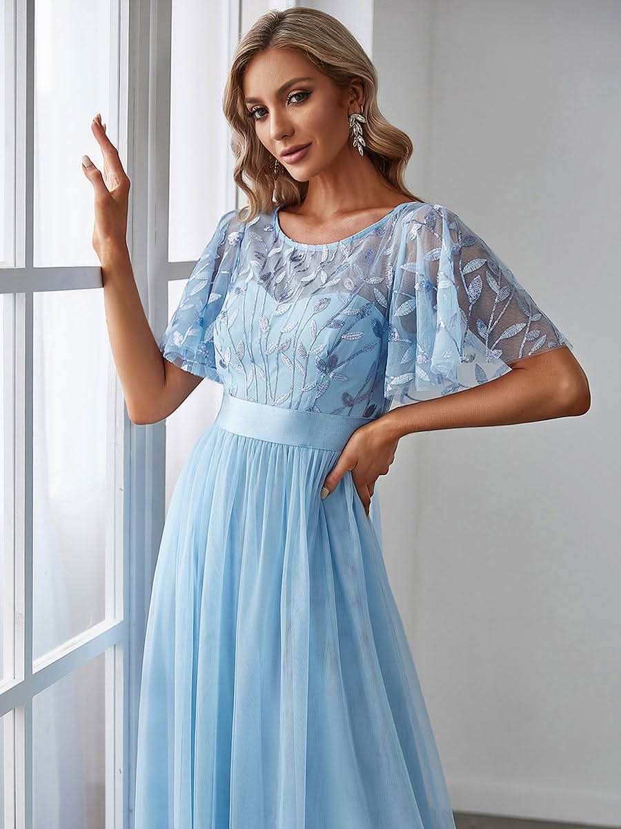 Damen A-Line Kurzarm Stickerei Bodenlanges Abendkleid #Farbe_Blau