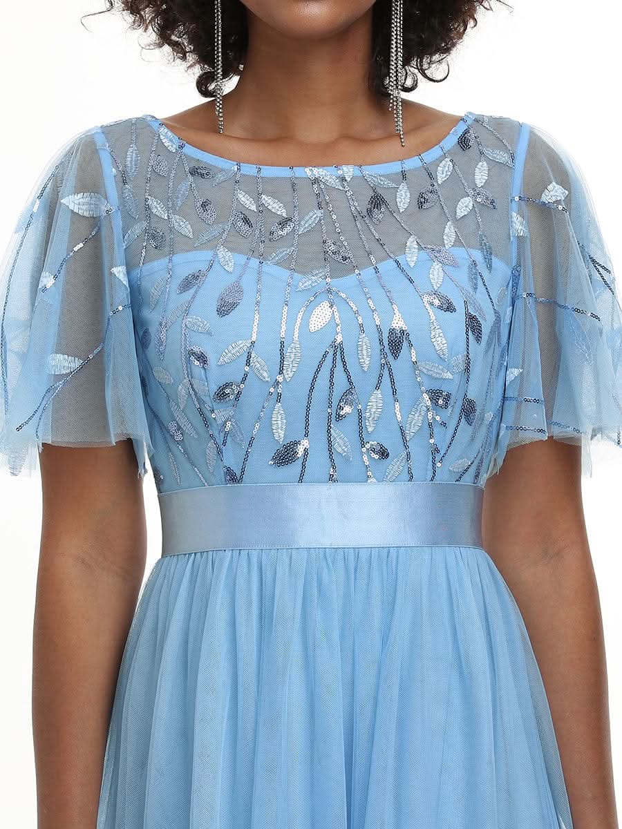 Damen A-Line Kurzarm Stickerei Bodenlanges Abendkleid #Farbe_Blau