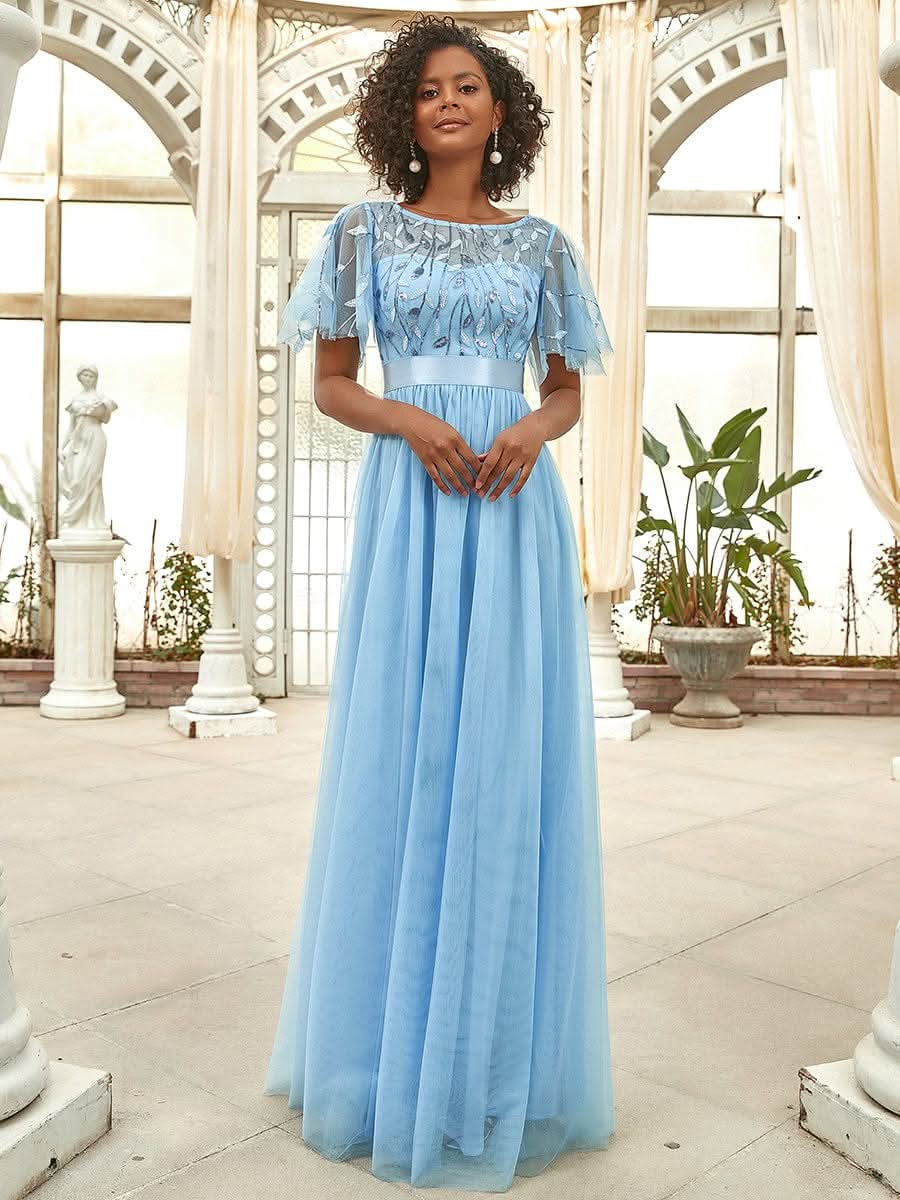 Damen A-Line Kurzarm Stickerei Bodenlanges Abendkleid #Farbe_Blau