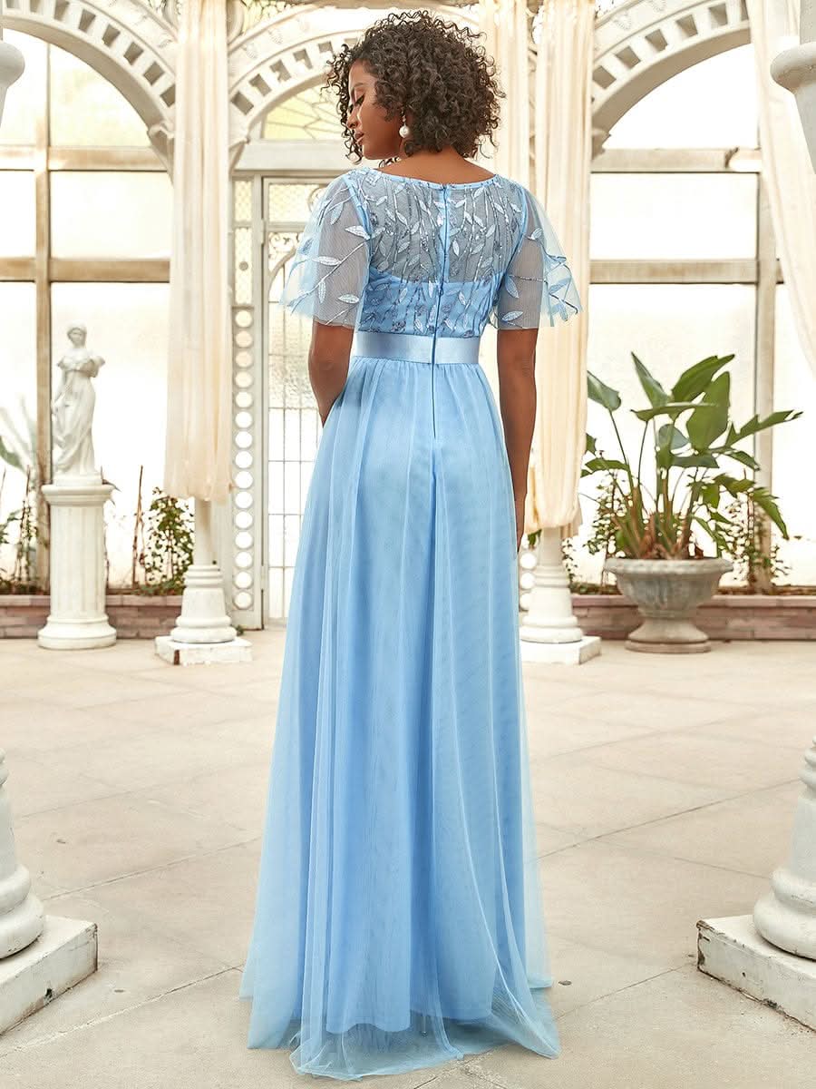 Damen A-Line Kurzarm Stickerei Bodenlanges Abendkleid #Farbe_Blau